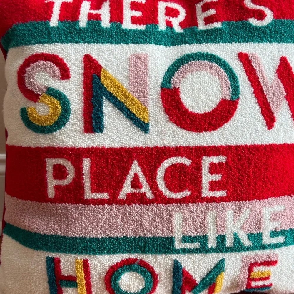 New Festive Holiday Pillow “There’s Snow Place Like Home”, Red, Green, White